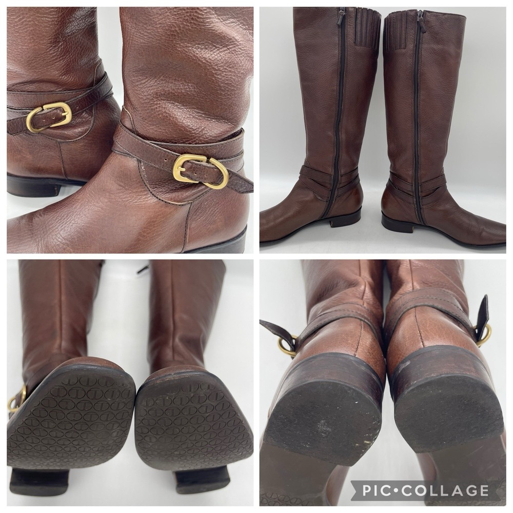 Talbots Womens 7AA Riding Boots Tall Brown Pebbled Leather Gold Buckle Full Zip - Picture 6 of 16